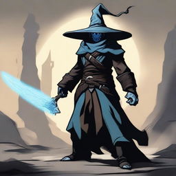 A Dragonborn with light blue skin wearing a wide-brimmed brown wizard hat, wielding a large iron greatsword, and dressed in black wizard robes with the sleeves ripped off