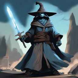 A Dragonborn with light blue skin wearing a wide-brimmed brown wizard hat, wielding a large iron greatsword, and dressed in black wizard robes with the sleeves ripped off