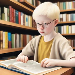 An eight-year-old albino indigenous boy with blonde hair and yellow eyes, thoughtfully looking at a book inside a bookstore