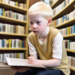 An eight-year-old albino indigenous boy with blonde hair and yellow eyes, thoughtfully looking at a book inside a bookstore