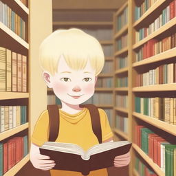 An eight-year-old albino indigenous boy with blonde hair and yellow eyes, thoughtfully looking at a book inside a bookstore