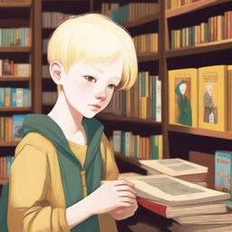 An eight-year-old albino indigenous boy with blonde hair and yellow eyes, thoughtfully looking at a book inside a bookstore