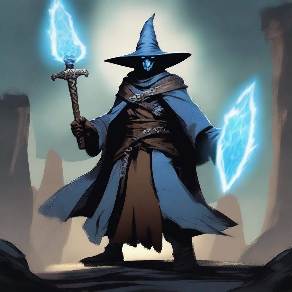 A Dragonborn with light blue skin wearing a wide-brimmed brown wizard hat, wielding a large iron greatsword, and dressed in black wizard robes with the sleeves ripped off, exposing his muscular arms