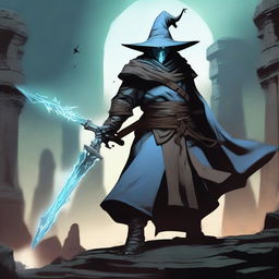 A Dragonborn with light blue skin wearing a wide-brimmed brown wizard hat, wielding a large iron greatsword, and dressed in black wizard robes with the sleeves ripped off, exposing his muscular arms