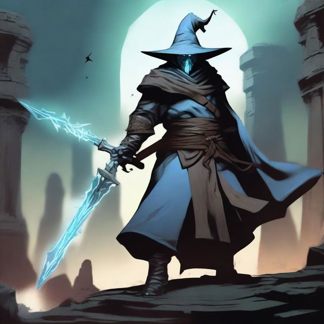 A Dragonborn with light blue skin wearing a wide-brimmed brown wizard hat, wielding a large iron greatsword, and dressed in black wizard robes with the sleeves ripped off, exposing his muscular arms