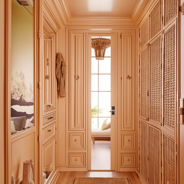 A luxurious, small entrance hall with classic stylings and modern touches, featuring a large L-shaped rattan closet. The color scheme radiates with hues of beige and pistachio, a mirror, and a fancy entrance door cap off the sophisticated design.