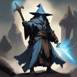 A Dragonborn with light blue skin wearing a wide-brimmed brown wizard hat, wielding a large iron greatsword, and dressed in black wizard robes with the sleeves ripped off, exposing his muscular arms