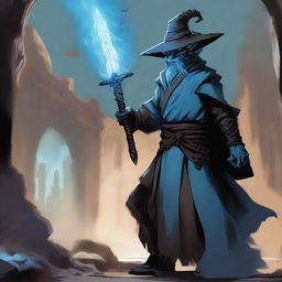 A Dragonborn with light blue skin wearing a wide-brimmed brown wizard hat, wielding a large iron greatsword, and dressed in black wizard robes with the sleeves ripped off, exposing his muscular arms