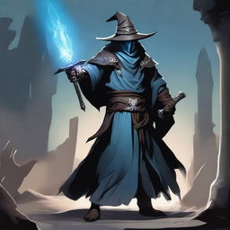 A Dragonborn with light blue skin wearing a wide-brimmed brown wizard hat, wielding a large silver greatsword, and dressed in black wizard robes with the sleeves ripped off, exposing his muscular arms