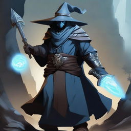 A Dragonborn with light blue skin wearing a wide-brimmed brown wizard hat, wielding a large silver greatsword, and dressed in black wizard robes with the sleeves ripped off, exposing his muscular arms