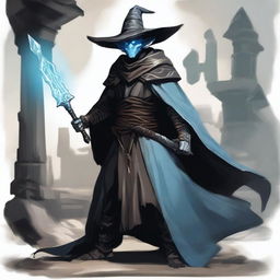 A Dragonborn with light blue skin wearing a wide-brimmed brown wizard hat, wielding a large silver greatsword, and dressed in black wizard robes with the sleeves ripped off, exposing his muscular arms