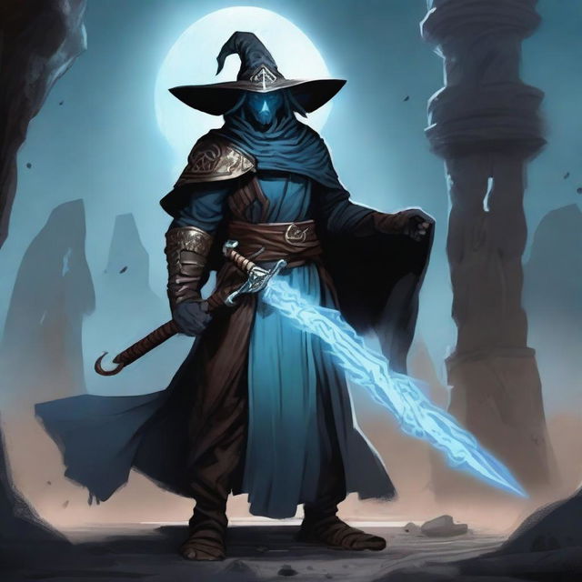 A Dragonborn with light blue skin wearing a wide-brimmed brown wizard hat, wielding a large silver greatsword, and dressed in black wizard robes with the sleeves ripped off, exposing his muscular arms