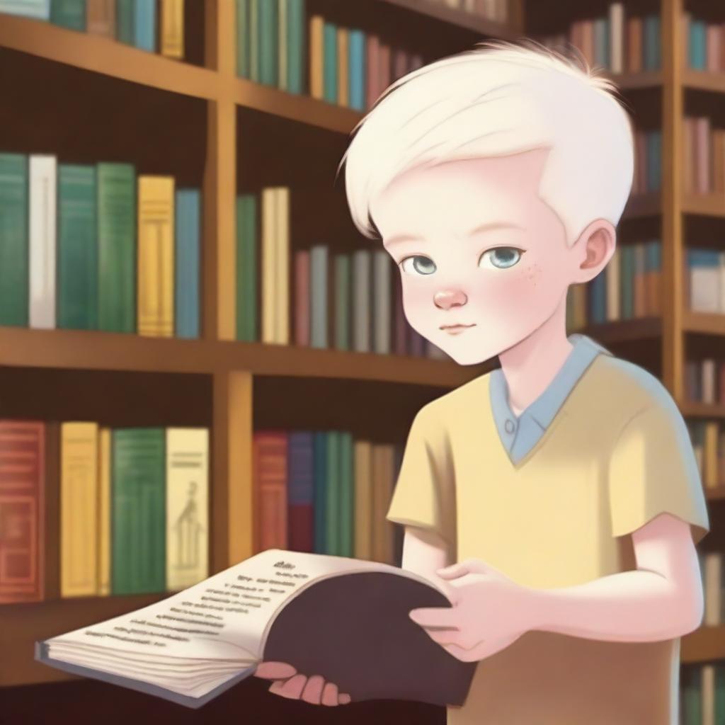 An eight-year-old albino boy with indigenous features, blonde hair, and yellow eyes, thoughtfully looking at a book inside a bookstore