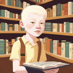 An eight-year-old albino boy with indigenous features, blonde hair, and yellow eyes, thoughtfully looking at a book inside a bookstore