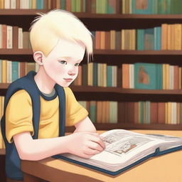 An eight-year-old albino boy with indigenous features, blonde hair, and yellow eyes, thoughtfully looking at a book inside a bookstore