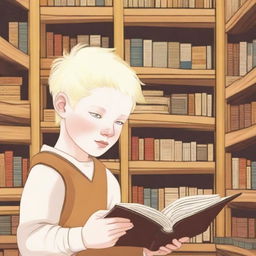 An eight-year-old albino boy with indigenous features, blonde hair, and yellow eyes, thoughtfully looking at a book inside a bookstore