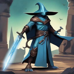 A lizardman with light blue scales, wearing a wide-brimmed brown wizard hat, wielding a large silver greatsword, and dressed in black wizard robes with the sleeves ripped off to expose his muscular arms