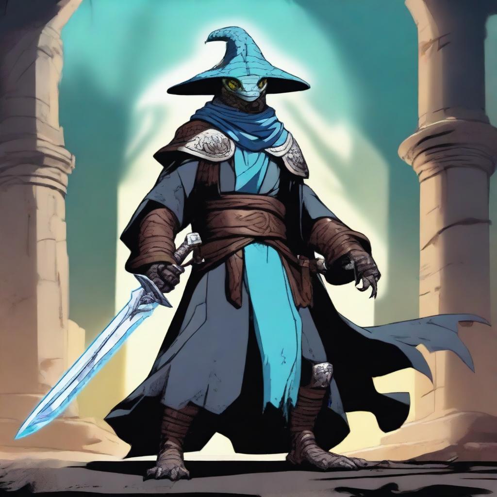 A lizardman with light blue scales, wearing a wide-brimmed brown wizard hat, wielding a large silver greatsword, and dressed in black wizard robes with the sleeves ripped off to expose his muscular arms