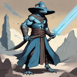 A lizardman with light blue scales, wearing a wide-brimmed brown wizard hat, wielding a large silver greatsword, and dressed in black wizard robes with the sleeves ripped off to expose his muscular arms