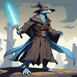 A lizardman with light blue scales, wearing a wide-brimmed brown wizard hat, wielding a large silver greatsword, and dressed in black wizard robes with the sleeves ripped off to expose his muscular arms