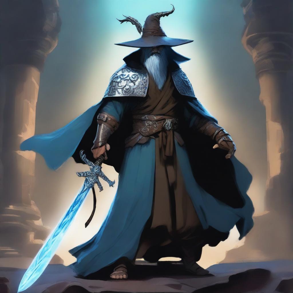 A dragon man with light blue scales wearing a wide-brimmed brown wizard hat, wielding a large silver greatsword, and dressed in black wizard robes with the sleeves ripped off, exposing his muscular arms