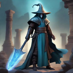 A dragon man with light blue scales wearing a wide-brimmed brown wizard hat, wielding a large silver greatsword, and dressed in black wizard robes with the sleeves ripped off, exposing his muscular arms