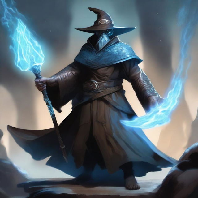 A dragon man with light blue scales wearing a wide-brimmed brown wizard hat, wielding a large silver greatsword, and dressed in black wizard robes with the sleeves ripped off, exposing his muscular arms