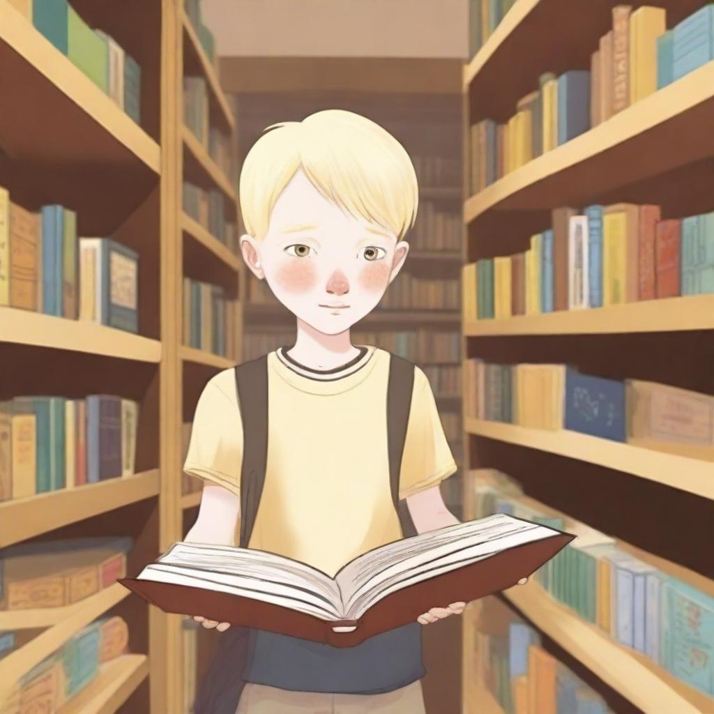 An eight-year-old albino boy with indigenous features, blonde hair, and yellow eyes, looking at a book inside a bookstore