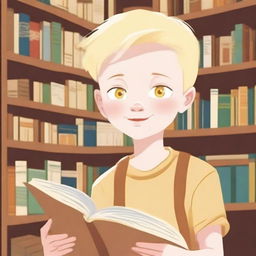 An eight-year-old albino boy with indigenous features, blonde hair, and yellow eyes, looking at a book inside a bookstore