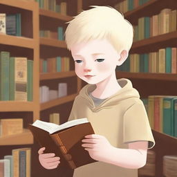 An eight-year-old albino boy with indigenous features, blonde hair, and yellow eyes, looking at a book inside a bookstore