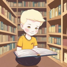 An eight-year-old albino boy with indigenous features, blonde hair, and yellow eyes, looking at a book inside a bookstore