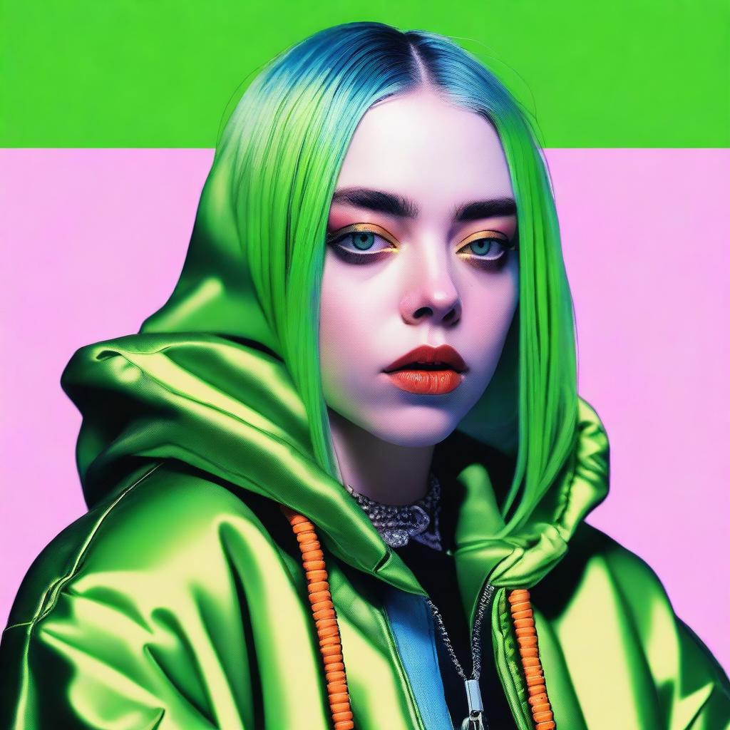 A detailed portrait of Billie Eilish, capturing her unique style and personality with vibrant colors and a modern aesthetic