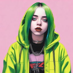 A detailed portrait of Billie Eilish, capturing her unique style and personality with vibrant colors and a modern aesthetic