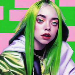 A detailed portrait of Billie Eilish, capturing her unique style and personality with vibrant colors and a modern aesthetic