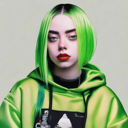 A detailed portrait of Billie Eilish, capturing her unique style and personality with vibrant colors and a modern aesthetic