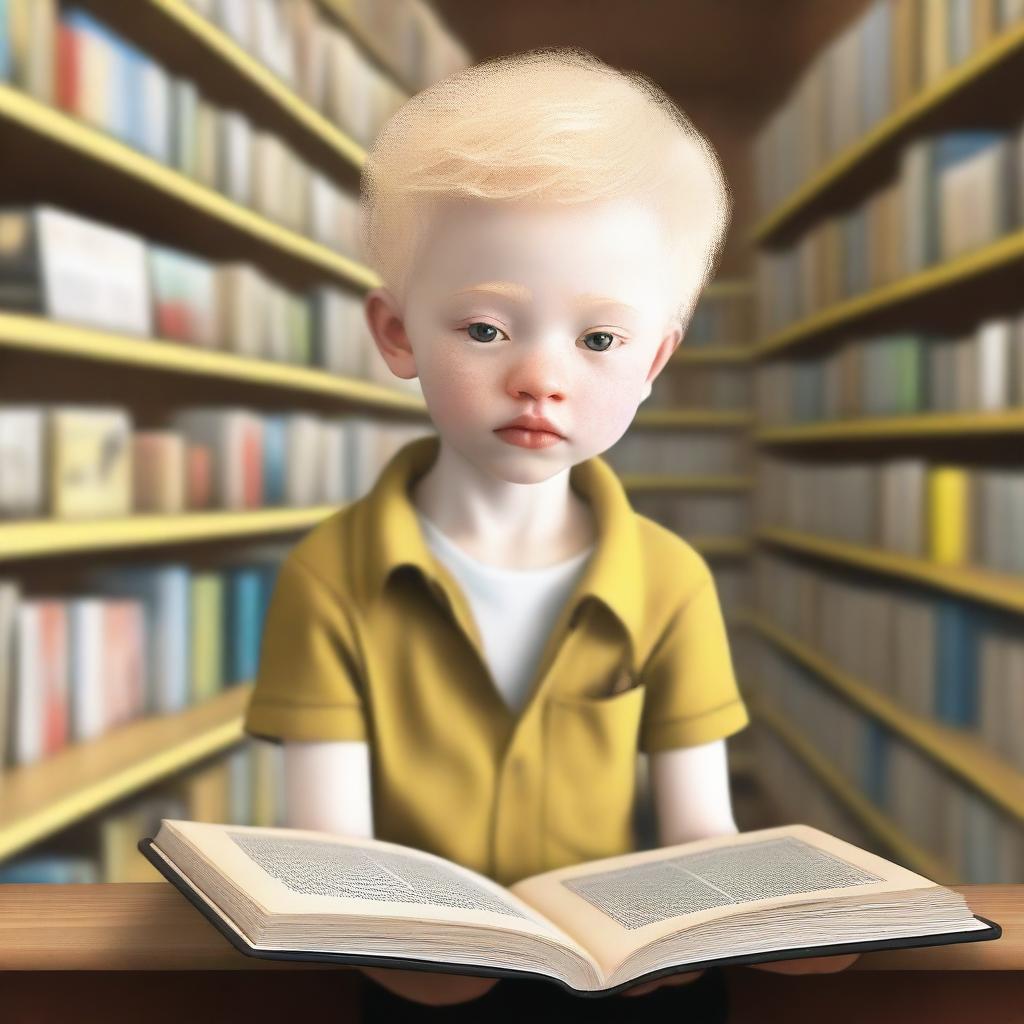 A boy resembling an eight-year-old indigenous child with albinism, blonde hair, and yellow eyes, looking at a book inside a bookstore