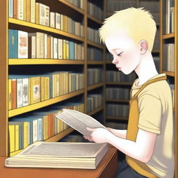 A boy resembling an eight-year-old indigenous child with albinism, blonde hair, and yellow eyes, looking at a book inside a bookstore