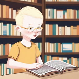 A boy resembling an eight-year-old indigenous child with albinism, blonde hair, and yellow eyes, looking at a book inside a bookstore