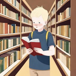 A boy resembling an eight-year-old indigenous child with albinism, blonde hair, and yellow eyes, looking at a book inside a bookstore