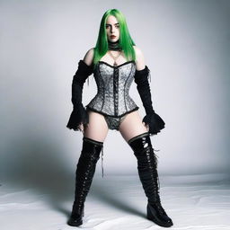 A full-body portrait of Billie Eilish wearing a corset, capturing her unique style and personality