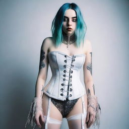 A full-body portrait of Billie Eilish wearing a corset, capturing her unique style and personality