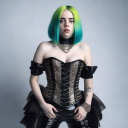 A full-body portrait of Billie Eilish wearing a corset, capturing her unique style and personality