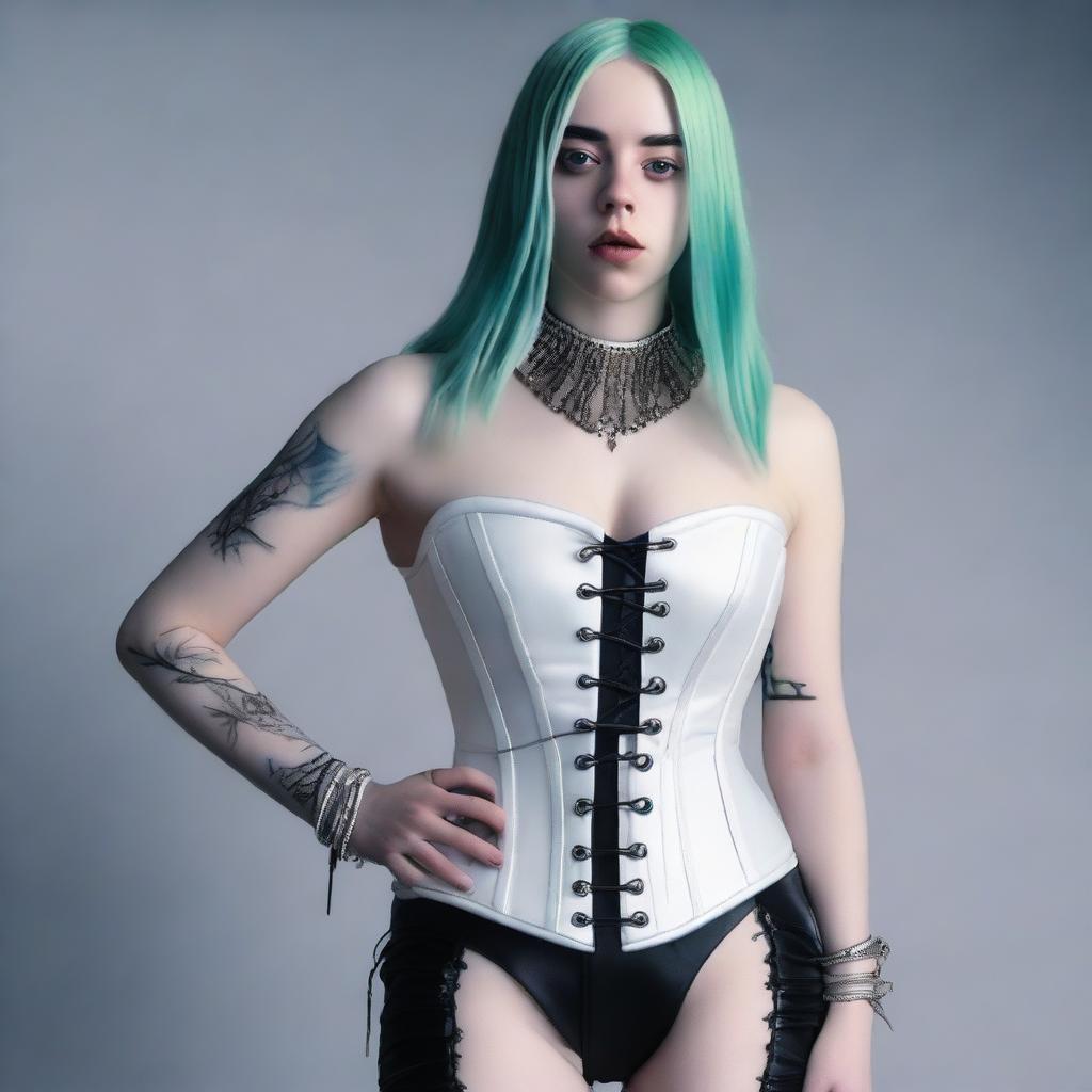 A full-body portrait of Billie Eilish wearing a corset, capturing her unique style and personality