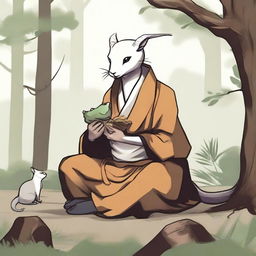 A dragon born monk wearing hermit style clothes, meditating in a serene forest