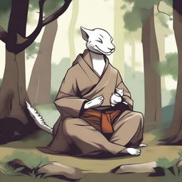 A dragon born monk wearing hermit style clothes, meditating in a serene forest