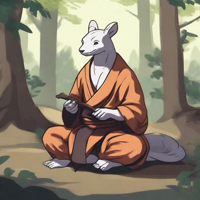 A dragon born monk wearing hermit style clothes, meditating in a serene forest