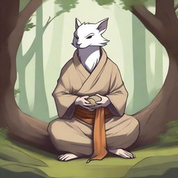 A dragon born monk wearing hermit style clothes, meditating in a serene forest