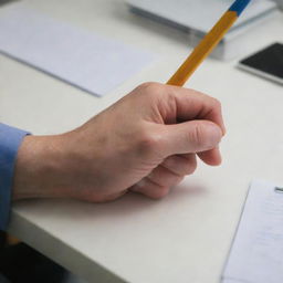 A hand gripping and lifting a pencil off an office desk