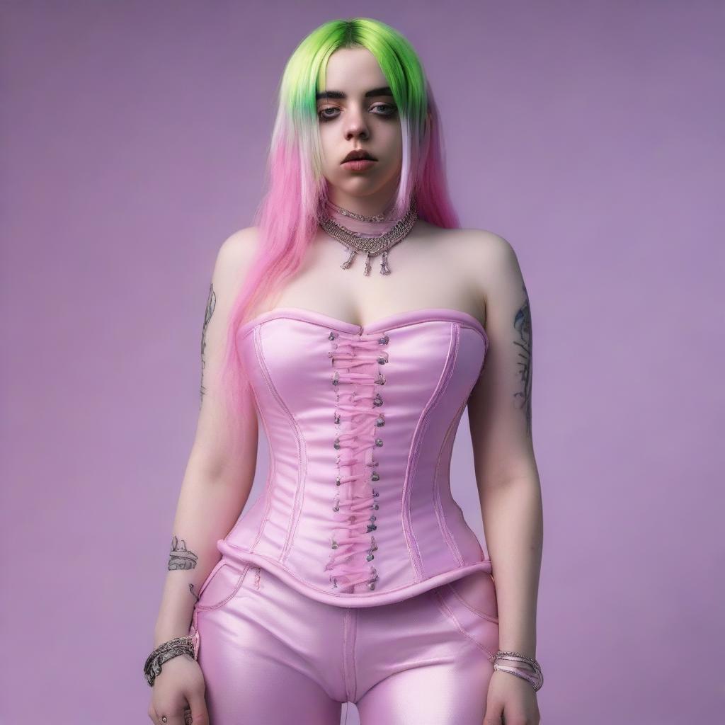 An ultra-realistic full-body photo of Billie Eilish wearing a pink corset