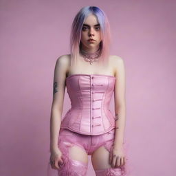 An ultra-realistic full-body photo of Billie Eilish wearing a pink corset